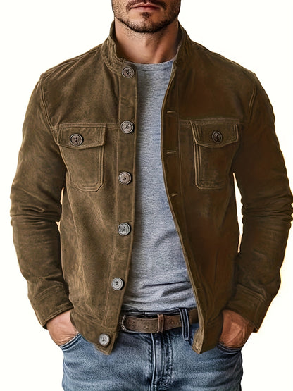 Veste en faux daim pour homme – Manteau décontracté à col montant boutonné