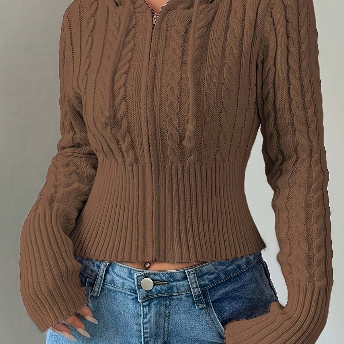 Gilet zippé à capuche élégant – Tricot torsadé, couche chaude