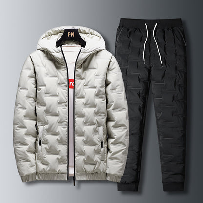 Loom & Soul™ Men’s Down Padded Suit Set – Hooded Winter Jacket & Matching Pants for Warmth and Style