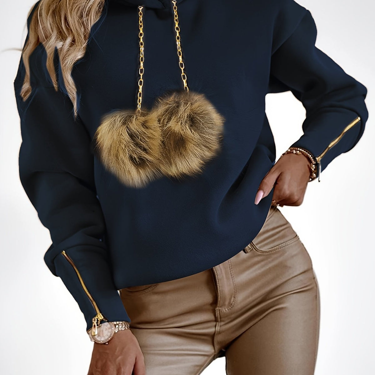 Sweat à capuche zippé en molleton doux avec pompons pour femme – Idéal automne/hiver