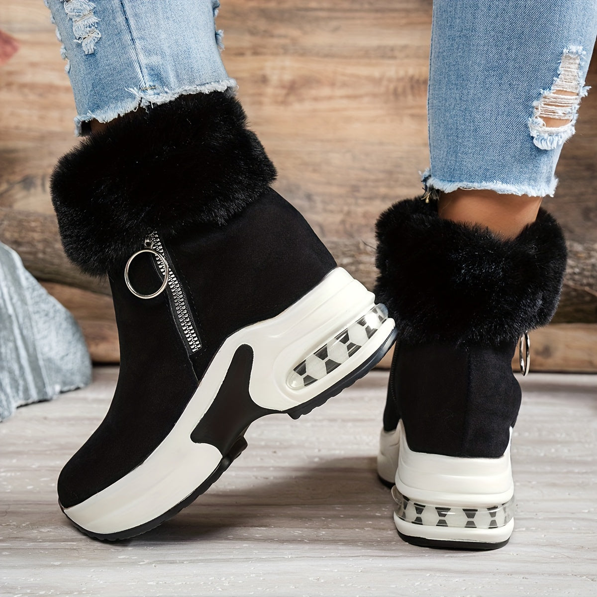 Bottines compensées pour femme – Chaussures d'hiver zippées à doublure en peluche