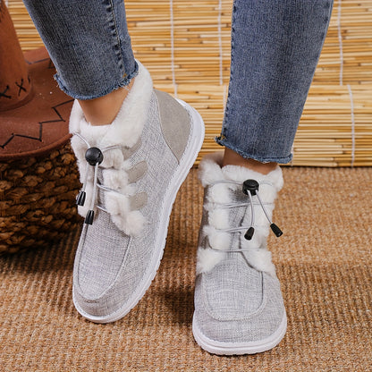 Women’s Faux Fur Slip-On Shoes – Cozy Winter Warm Beige Drawstring Loafers