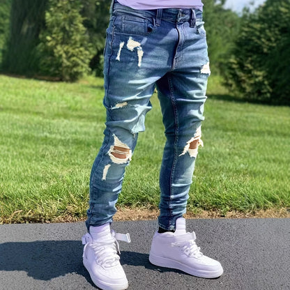 Men’s Ripped Straight Jeans – Stretch Streetwear Denim Pants