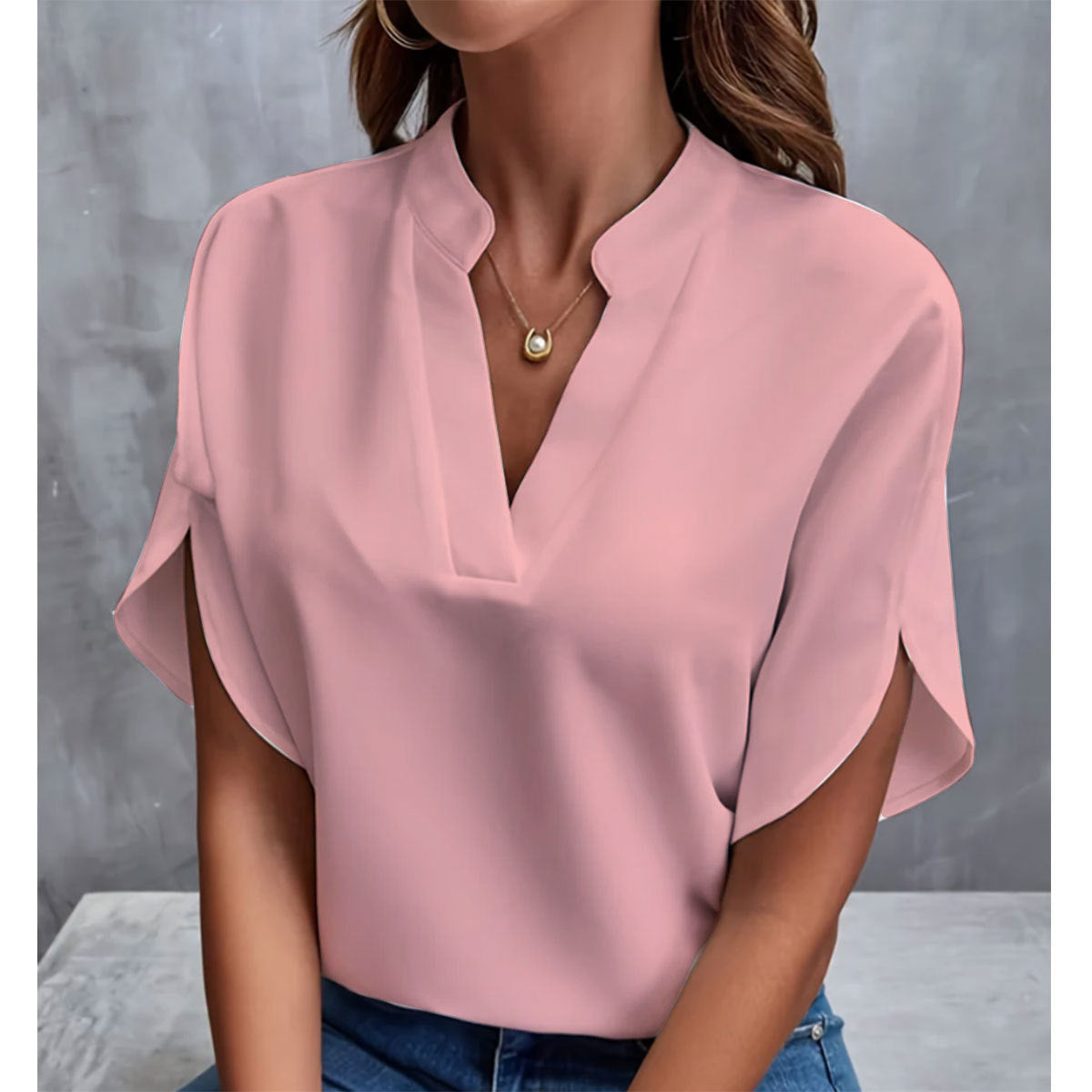 Loom & Soul™ V-Neck Chiffon Blouse – Women’s Elegant Short-Sleeve Summer Top