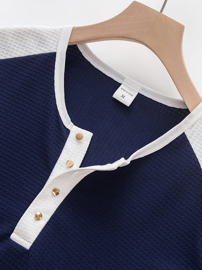 Men’s Waffle Henley Shirt – White & Black All-Season Button Top
