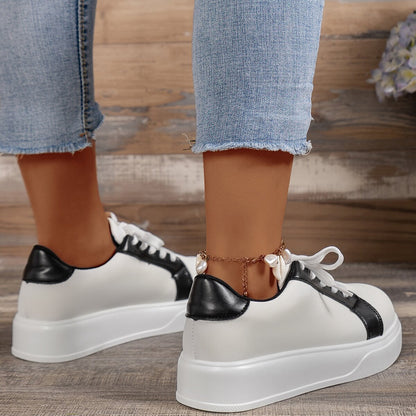 Loom & Soul™ Baskets rétro à lacets – Chaussures de marche en PU pour femmes avec talon compensé confortable de 3 à 5 cm et semelle en caoutchouc
