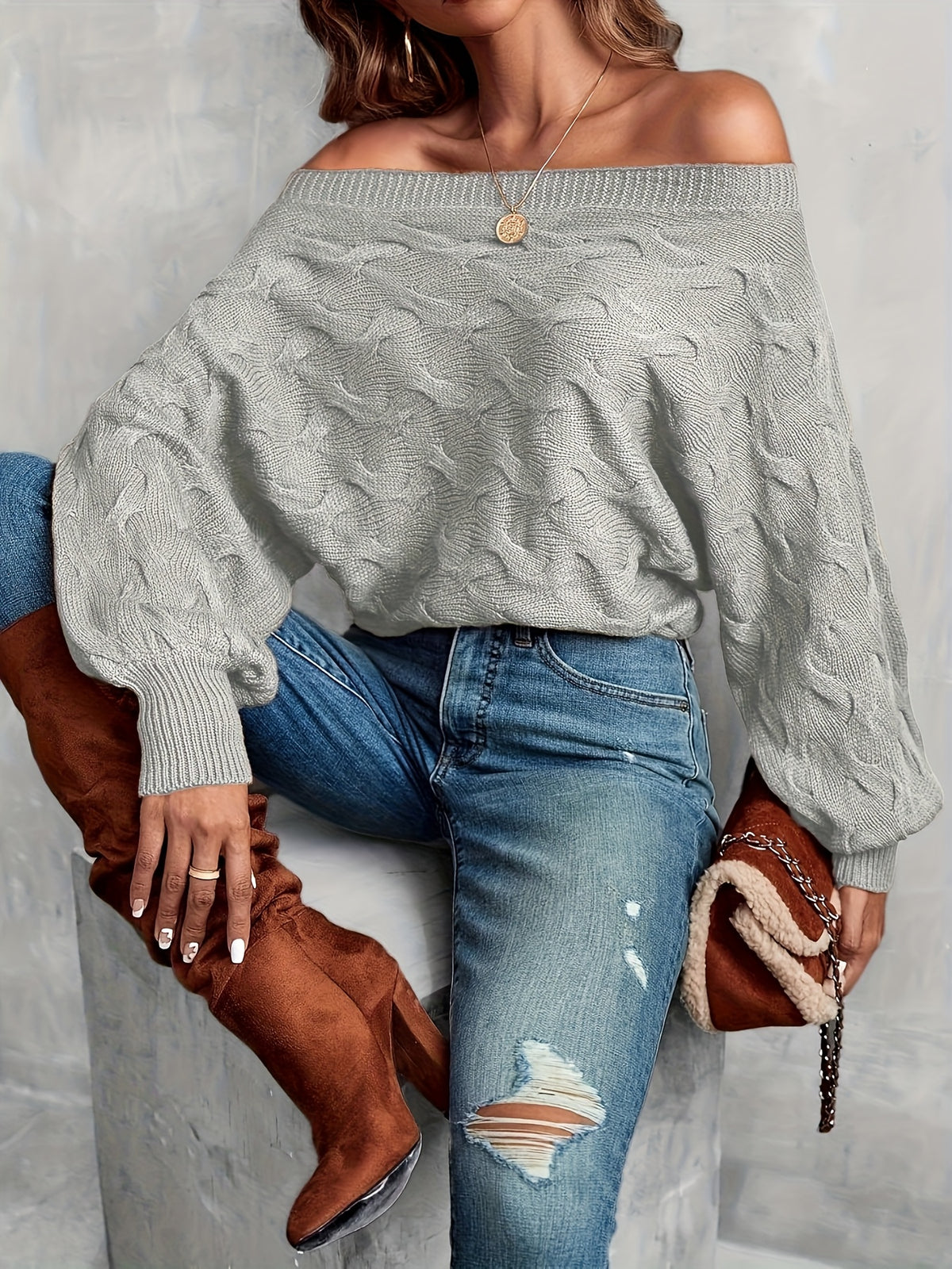 Chandail chauve-souris à épaules dénudées pour femme – Tricot ample toutes saisons