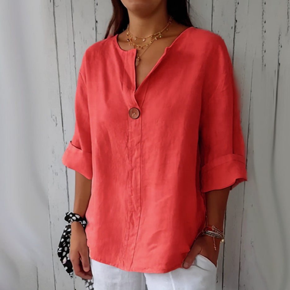 Haut boutonnée en coton et lin à col en V pour femme Loom & Soul™ – Blouse ample à manches longues