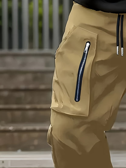 Pantalon cargo noir pour homme – Jogging d'extérieur coupe ample multi-zips pour le printemps/l'automne