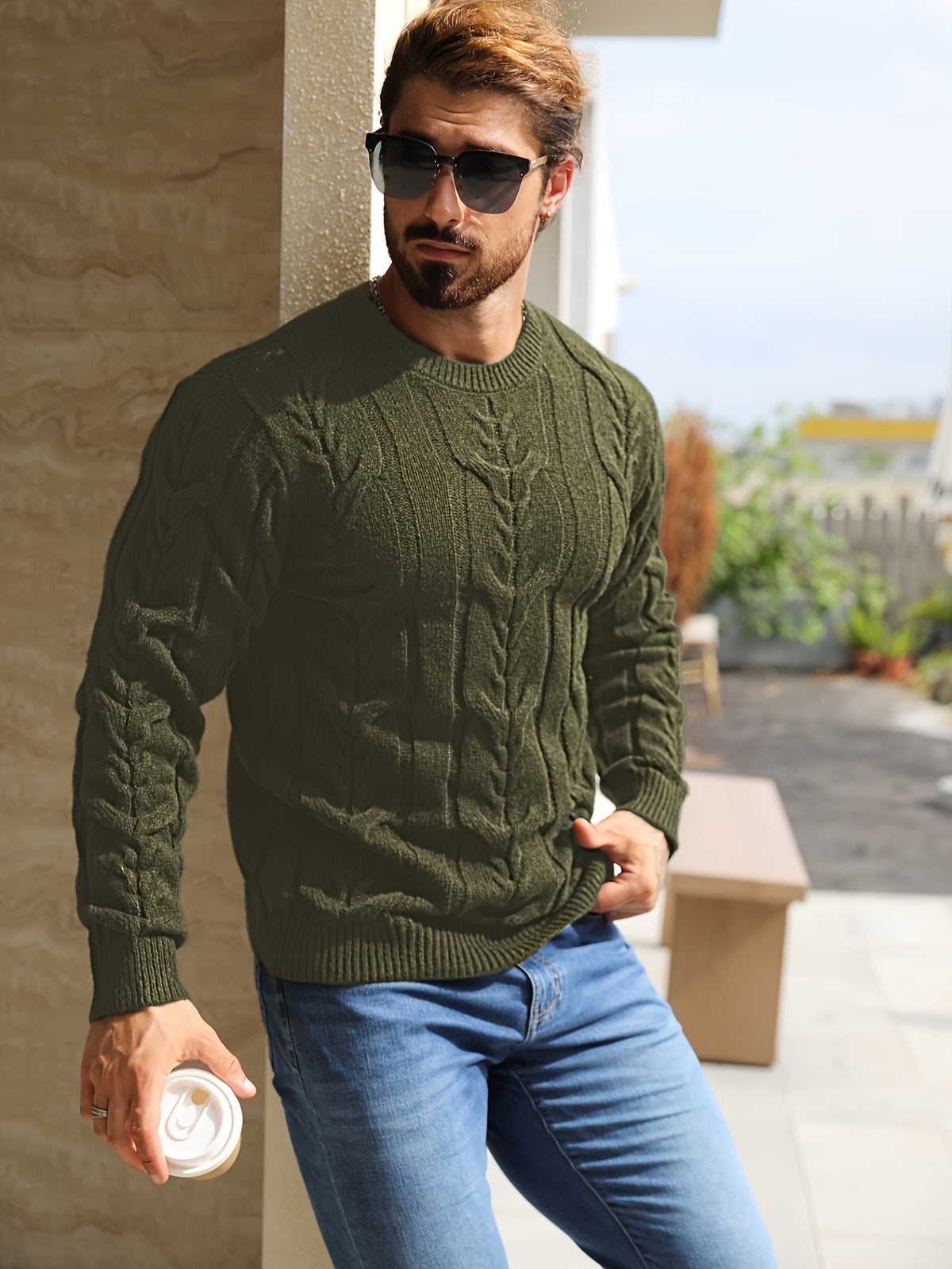 Suéter de punto a rayas para hombre – Suéter suave con cuello redondo y ribete acanalado