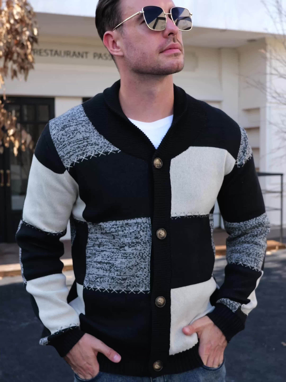 Gilet en maille à coutures contrastantes – Pull décontracté côtelé à revers