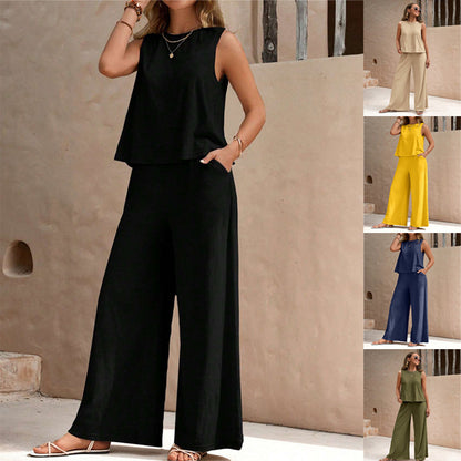 Women’s Linen Two-Piece Set – Sleeveless Top & Loose Pants Outfit