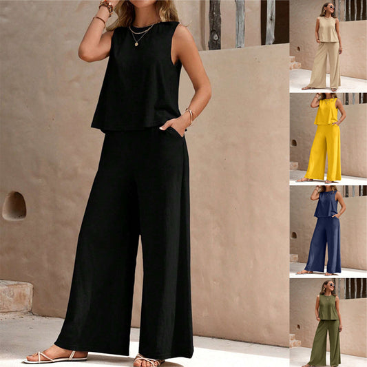 Women’s Linen Two-Piece Set – Sleeveless Top & Loose Pants Outfit