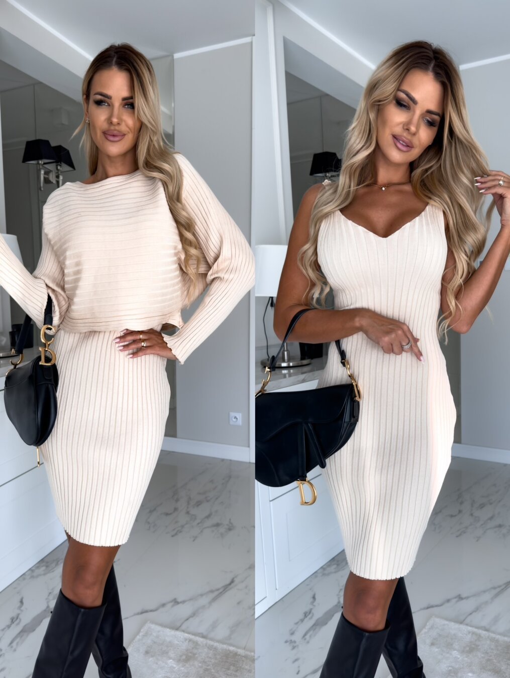 Ensemble 2 pièces Loom & Soul pour femme – Haut rayé à manches longues et jupe salopette ajustée, tenue élégante automne hiver