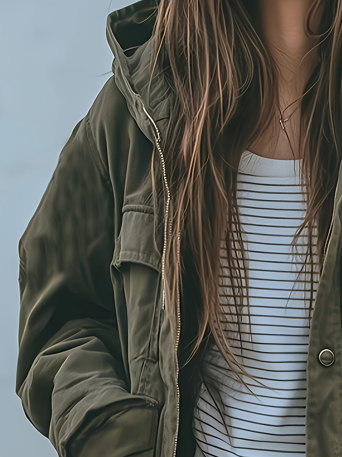 Veste à capuche robuste pour femme, vert olive – Manteau de travail épais toutes saisons