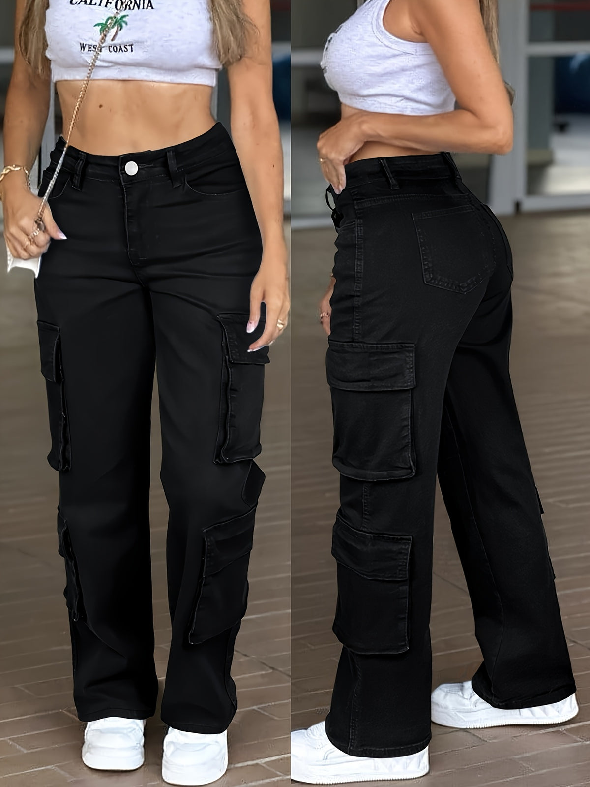 Jean cargo taille haute pour femme – Pantalon en jean multipoches style workwear