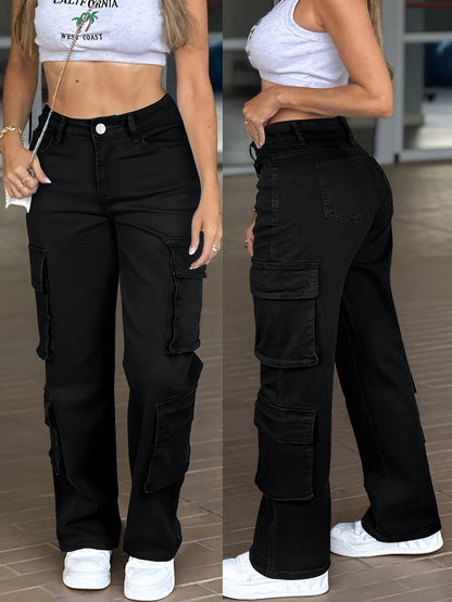 Jean cargo taille haute pour femme – Pantalon en jean multipoches style workwear