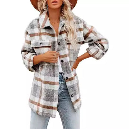Women’s Plaid Buckle Jacket – Casual Loose Fit Coat