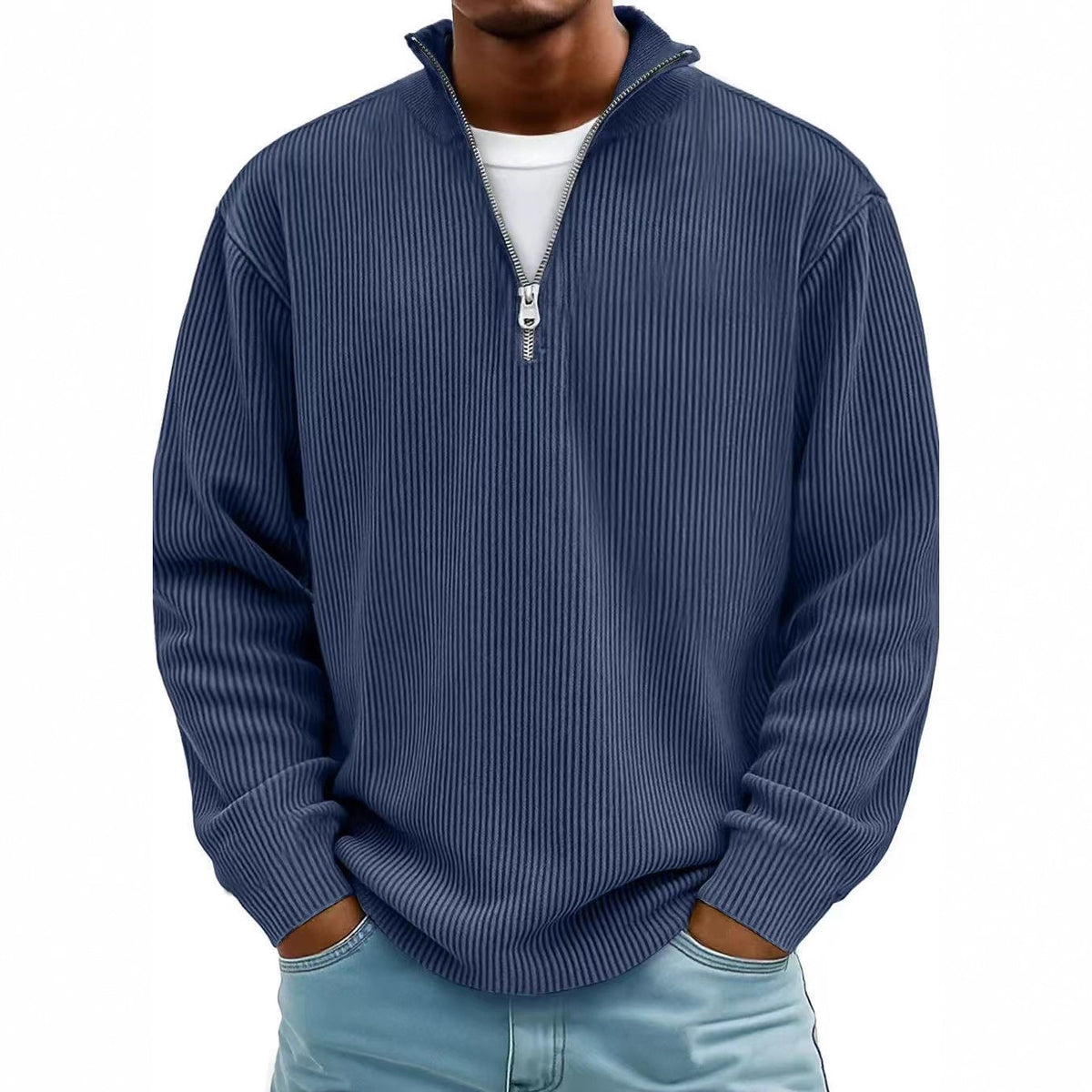 Men’s Corduroy Zip Stand Collar Sweatshirt – Casual Long Sleeve Top
