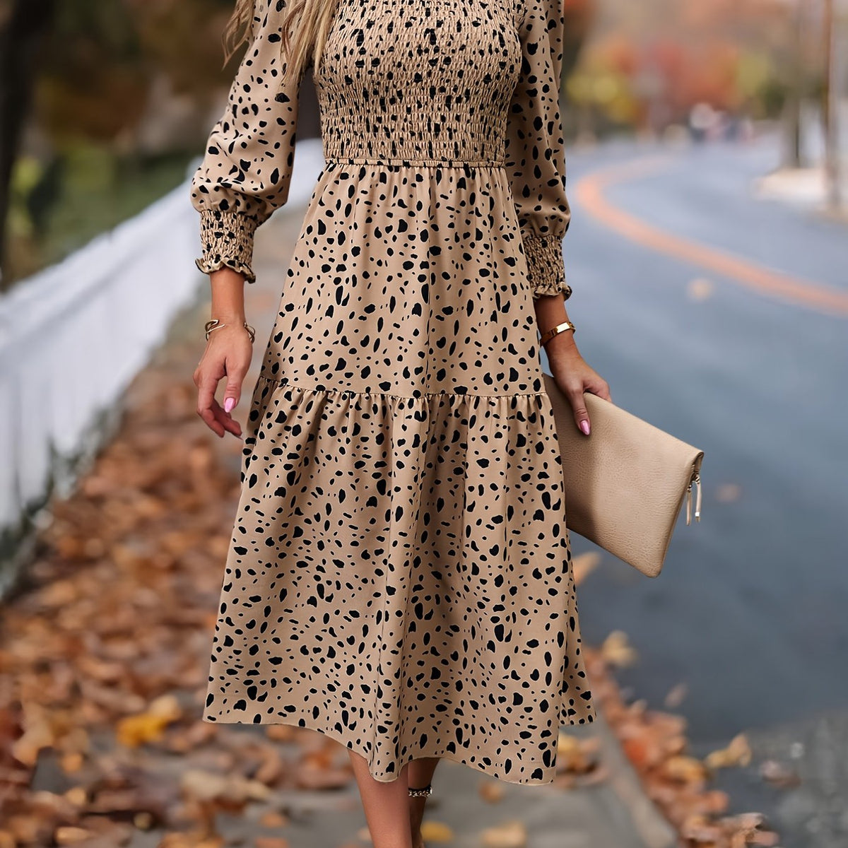 Leopard Print Long Sleeve Maxi Dress – Elegant A-Line Flowing Dress