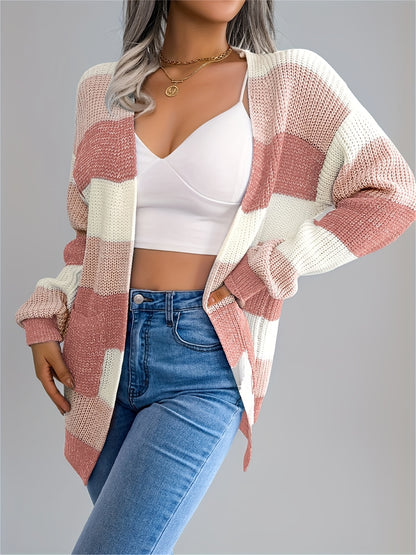 Cárdigan a rayas con bloques de color para mujer – Suéter de punto de invierno con mangas abullonadas