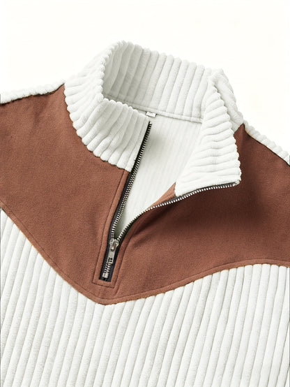 Pull Homme Demi-Zip Col Droit – Sweat Rétro Chaud et Côtelé