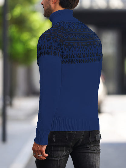 Men’s Geometric Turtleneck Sweater – Casual Knit Pullover for Fall & Winter