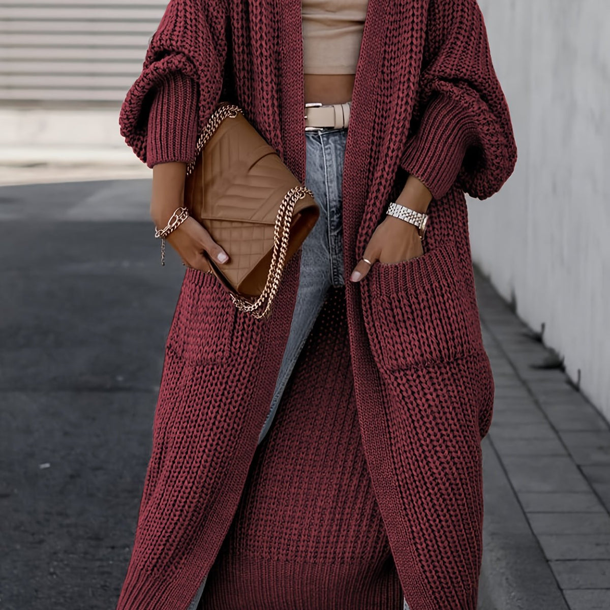 Elegant Deep V-Neck Ribbed Cardigan – Women’s Fall/Winter Knit Sweater