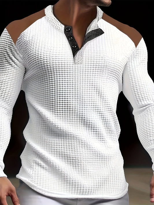 Men’s Waffle-Knit Henley Shirt – Long Sleeve Contrast Casual Top