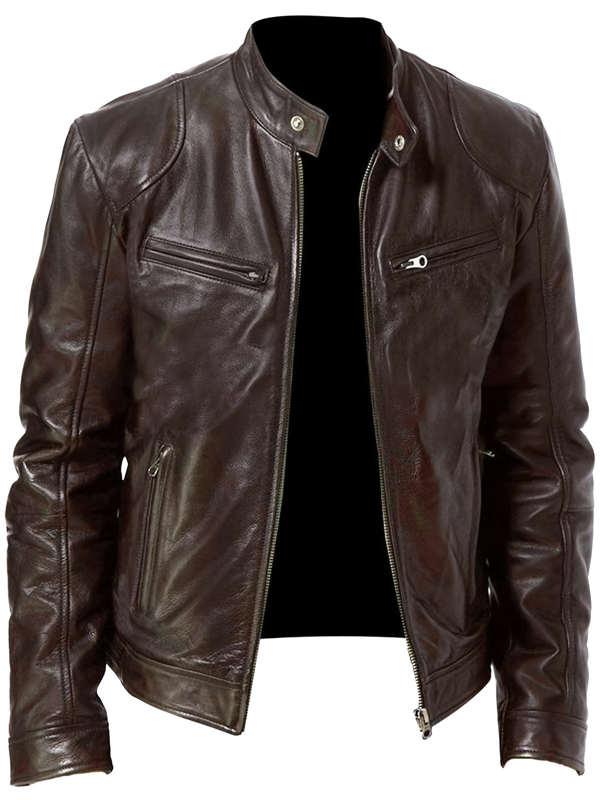 Veste de moto zippée pour homme – Col montant en cuir PU marron