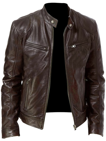 Veste de moto zippée pour homme – Col montant en cuir PU marron