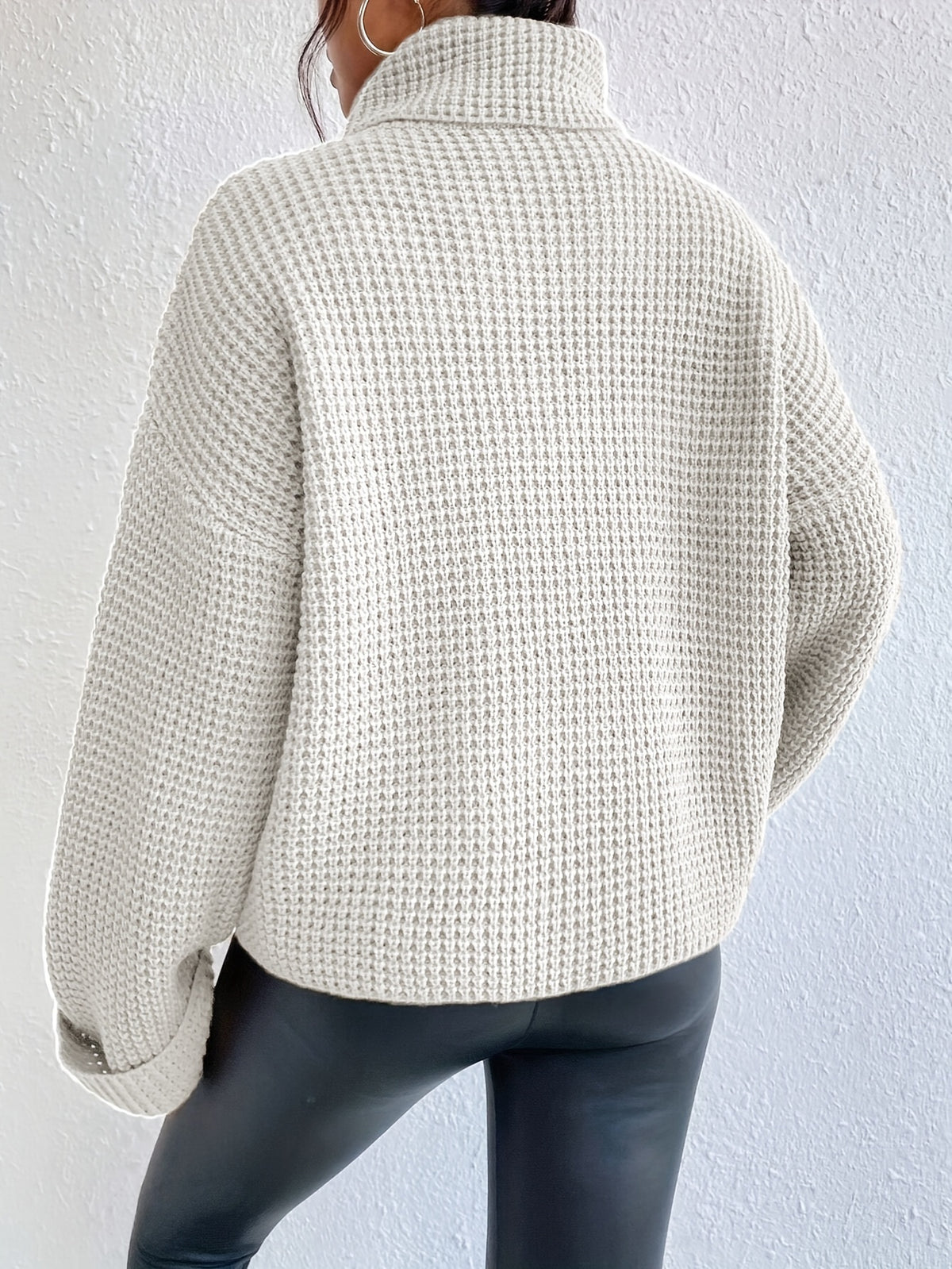 Women’s High-Neck Drop Shoulder Waffle Sweater – Vibrant Blue Knit