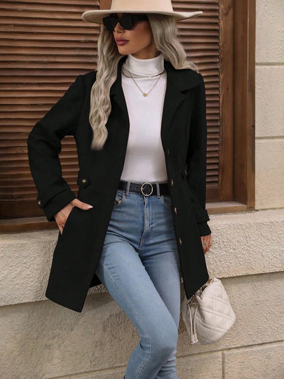 Manteau élégant en laine Loom & Soul™ – Veste mi-longue à revers et simple boutonnage pour femme, pour un style hivernal sans effort