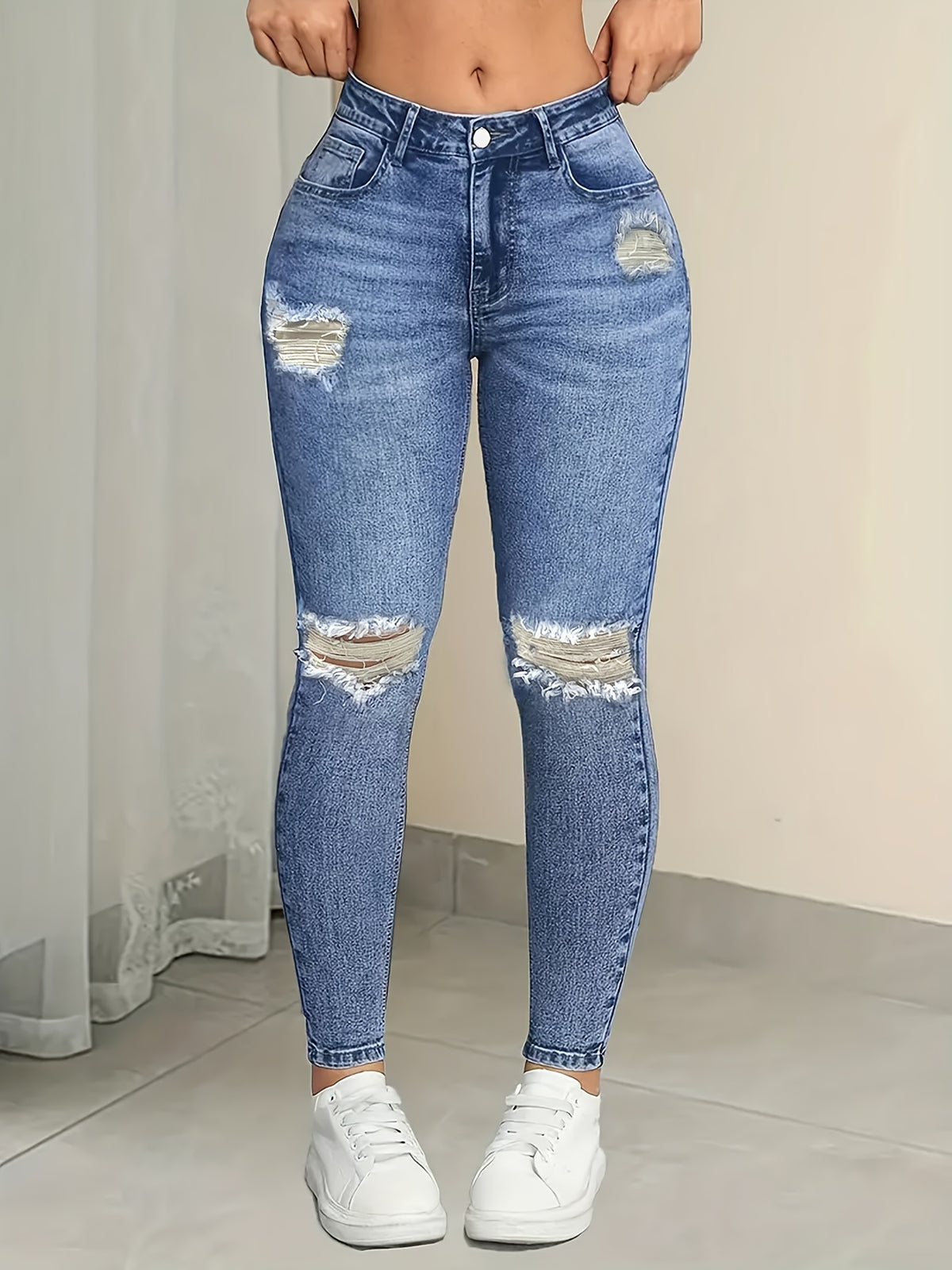 Pantalones ajustados de mezclilla elástica rasgados de cintura alta para mujer