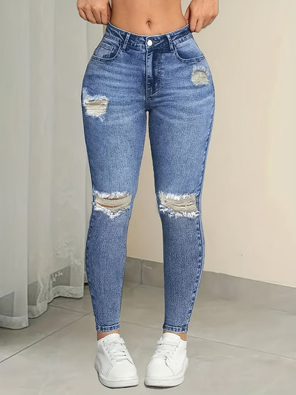 Pantalones ajustados de mezclilla elástica rasgados de cintura alta para mujer
