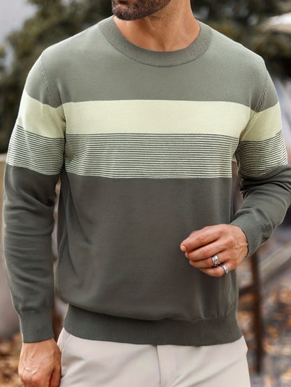 Chandail en maille rayé pour homme – Col rond classique à manches longues