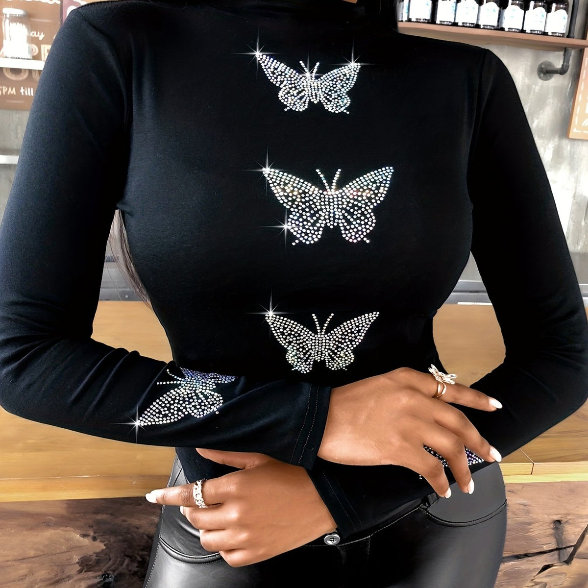 Butterfly Rhinestone Mock Neck Top – Elegant Slim-Fit Long Sleeve Tunic