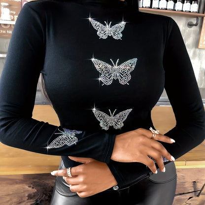 Butterfly Rhinestone Mock Neck Top – Elegant Slim-Fit Long Sleeve Tunic