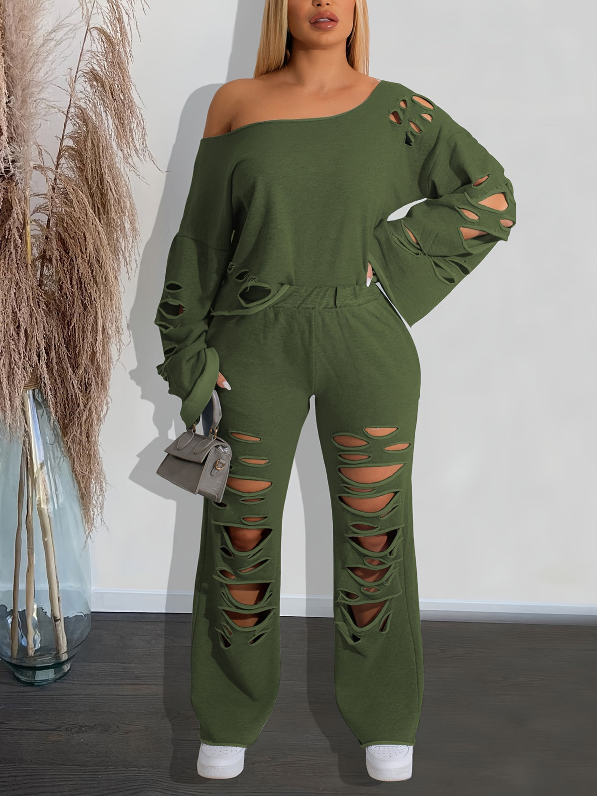 Conjunto de 2 piezas para mujer, hombros descubiertos, efecto envejecido – Top de manga larga y pantalón rasgado