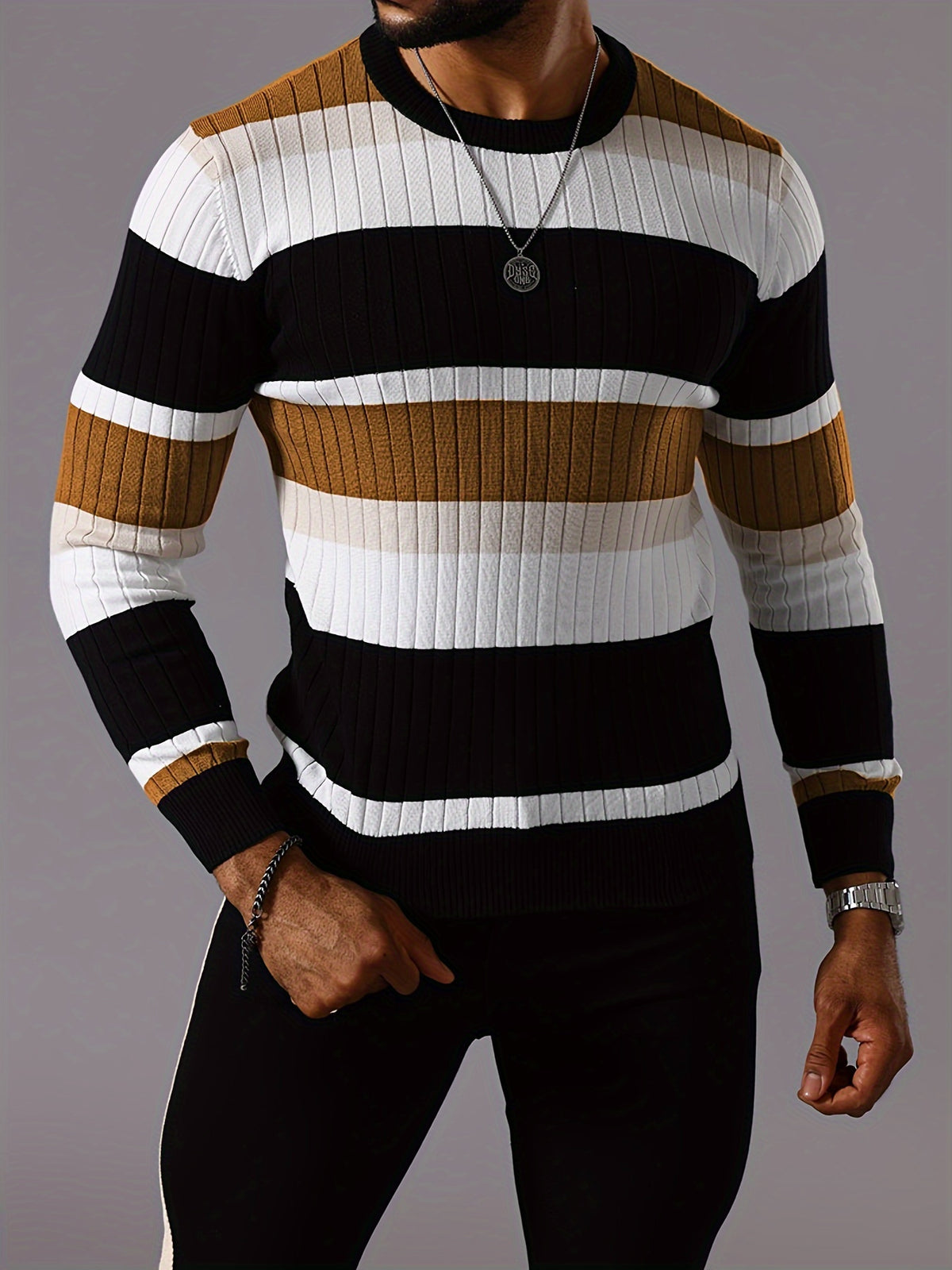Men’s Striped Ribbed Knit Sweater – Color-Block Fall Winter Pullover