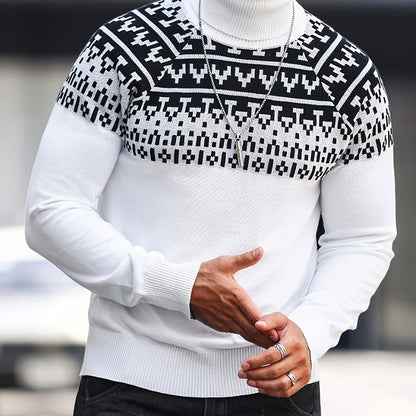 Men’s Geometric Turtleneck Sweater – Casual Knit Pullover for Fall & Winter