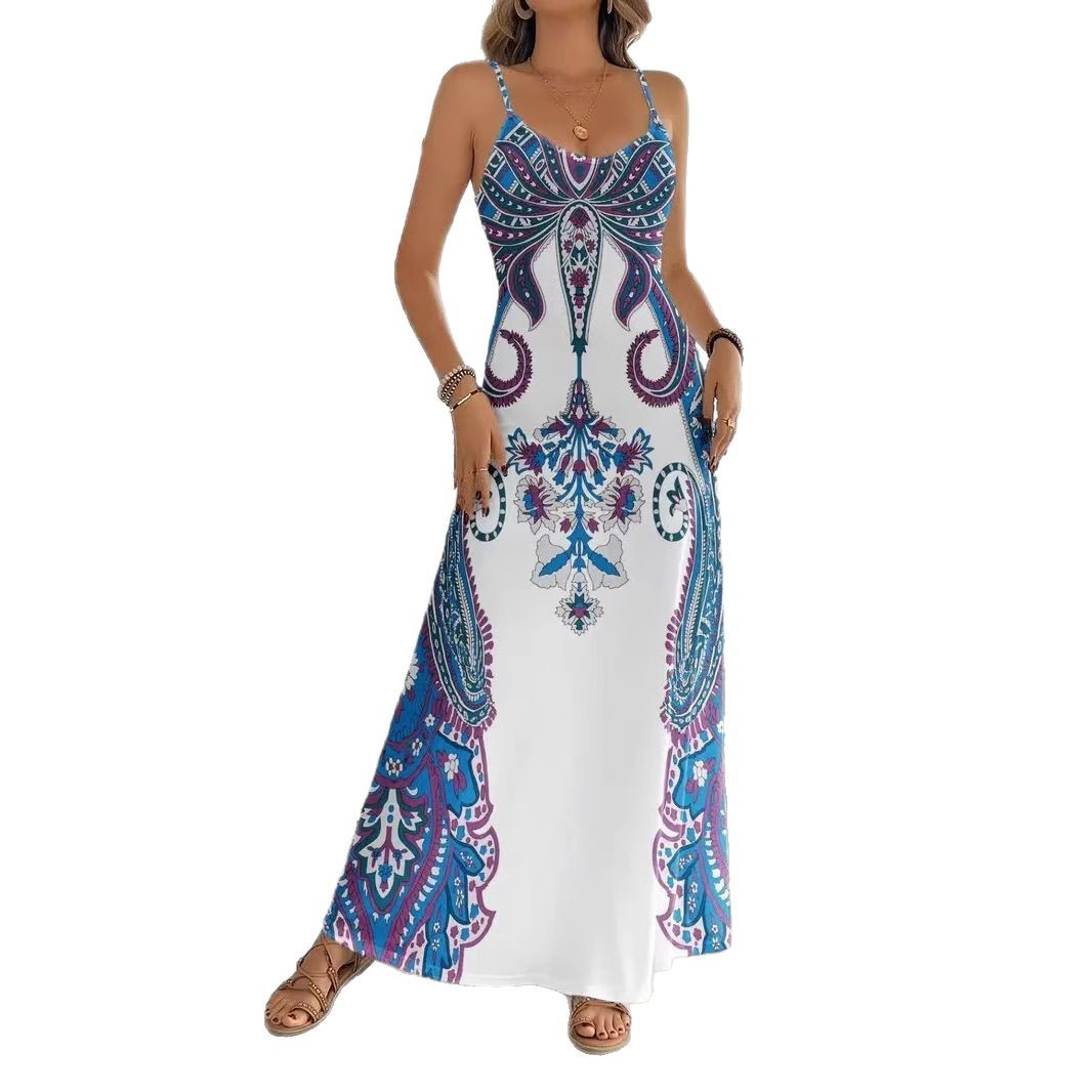 Robe longue imprimée sans manches col en V – Robe à bretelles motif rétro artistique