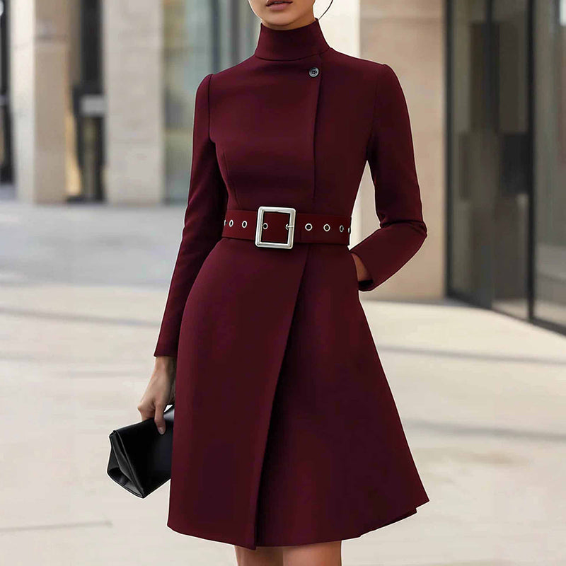 Women’s Stand Collar Belted Midi Dress – Slim Fit Office Elegance