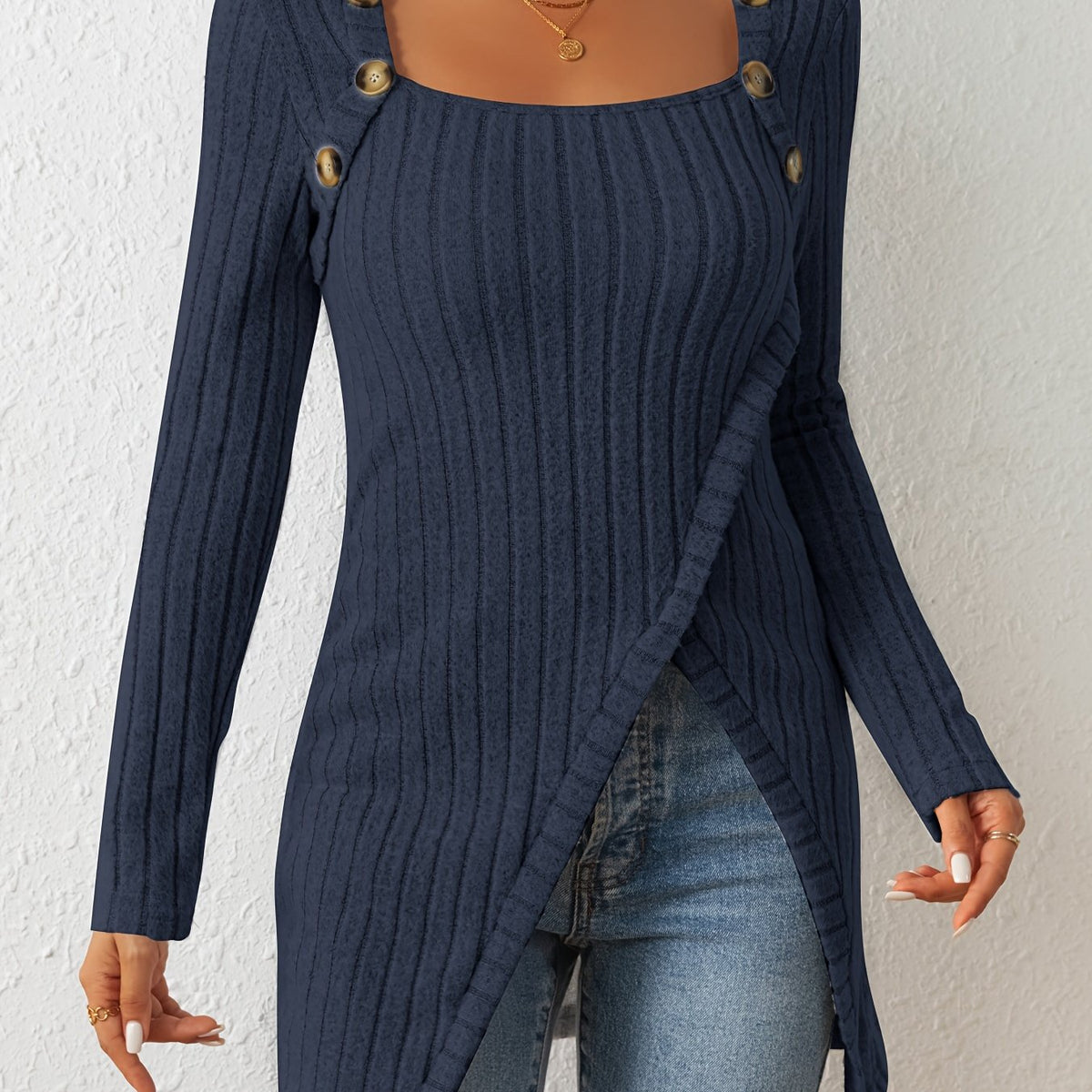 T-shirt en maille ajusté pour femme – Haut à manches longues et col carré