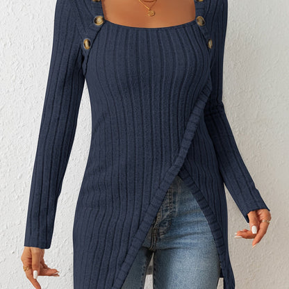 T-shirt en maille ajusté pour femme – Haut à manches longues et col carré