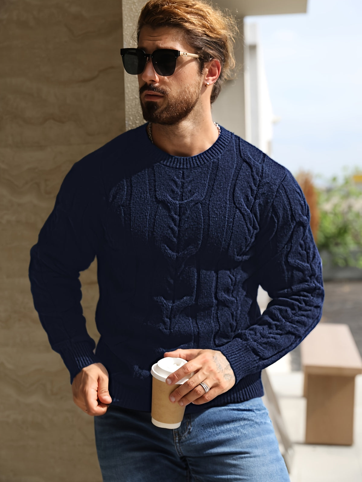 Suéter de punto a rayas para hombre – Suéter suave con cuello redondo y ribete acanalado