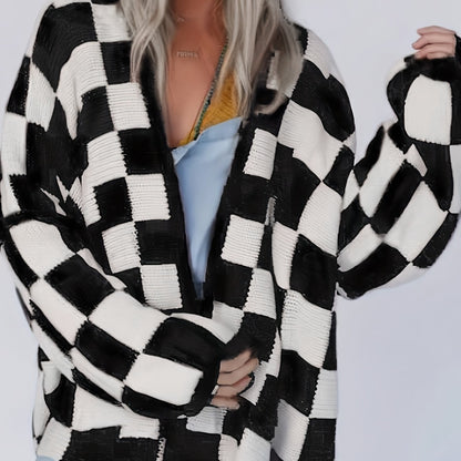 Cardigan vichy rouge et blanc – Pull en maille douillet pour femme automne/hiver