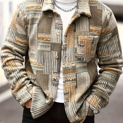 Men’s Retro Geometric Fleece Jacket – Vintage Button-Up Shirt Jacket