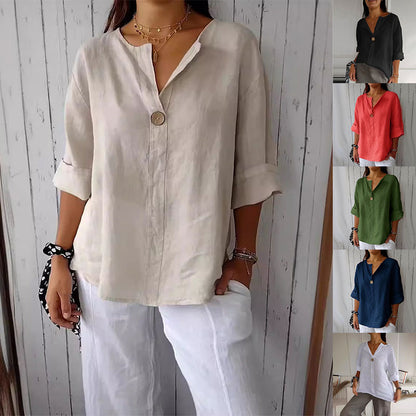 Haut boutonnée en coton et lin à col en V pour femme Loom & Soul™ – Blouse ample à manches longues