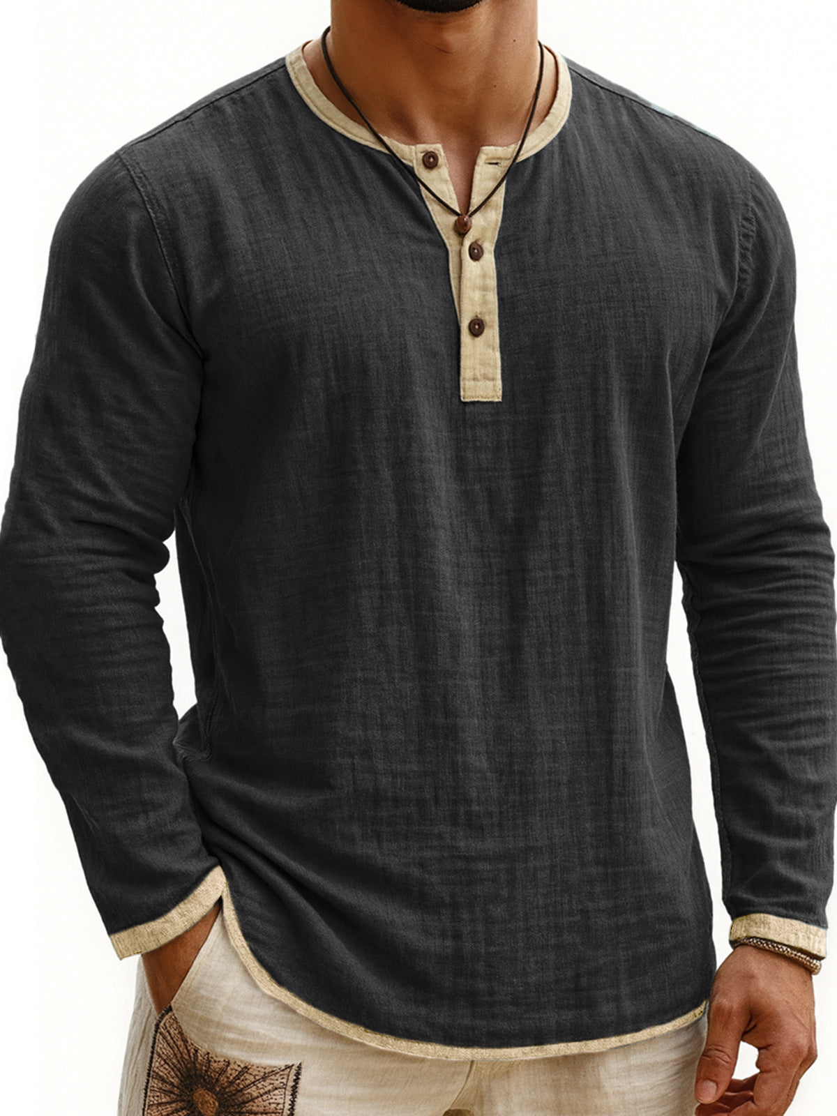 Chemise Henley Homme à Manches Longues Slim Fit à 3 Boutons et Imprimé Numérique Bicolore